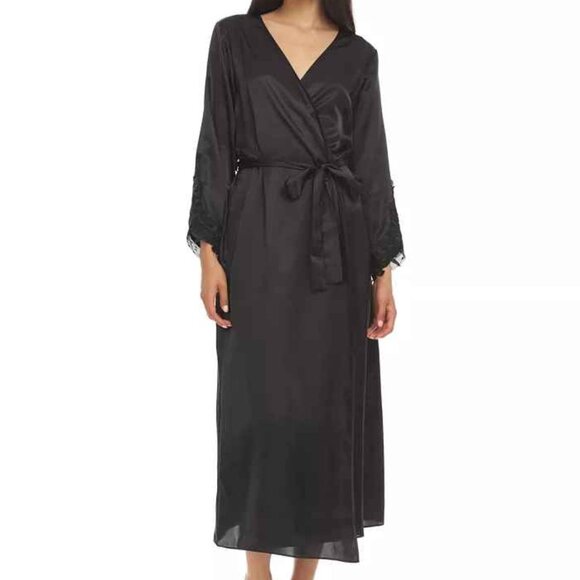 NWT Flora by Flora Nikrooz Stella Satin Venise Trim Robe - Black S/M - Picture 1 of 2